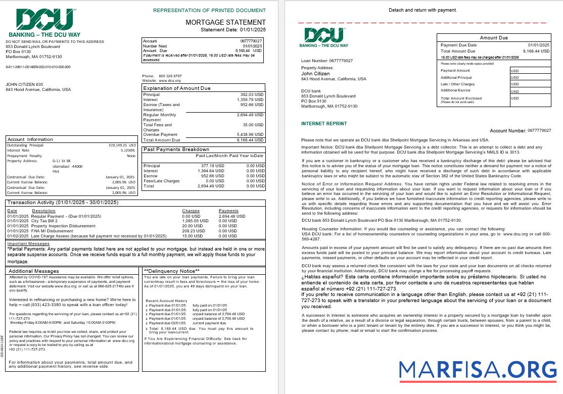 Blank USA Massachusetts Digital Federal Credit Union (DCU) bank mortgage statement in Word and PDF formats, 3 pages 1 2 template